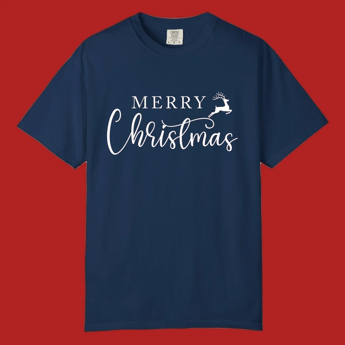 Merry Christmas text with a reindeer illustration, a festive holiday design.