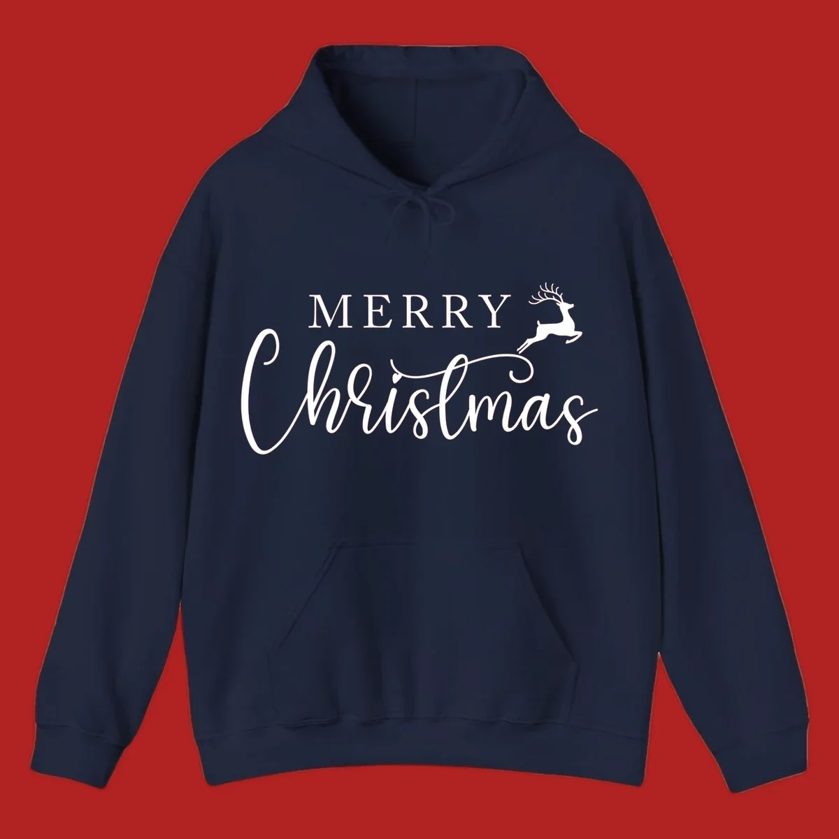 Merry Christmas text with a reindeer illustration, a festive holiday design.