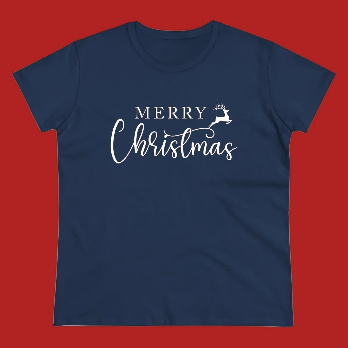 Merry Christmas text with a reindeer illustration, a festive holiday design.