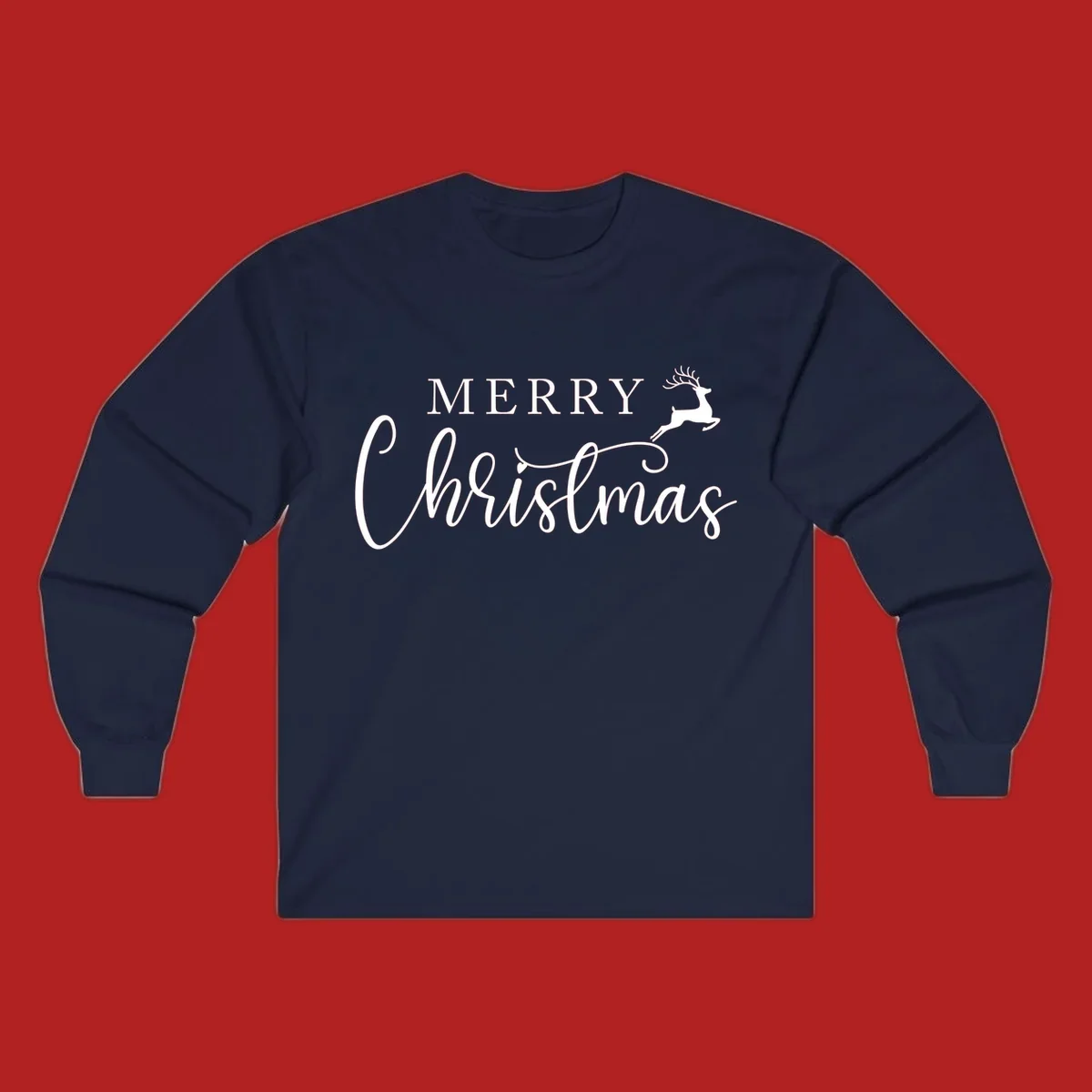 Merry Christmas text with a reindeer illustration, a festive holiday design.