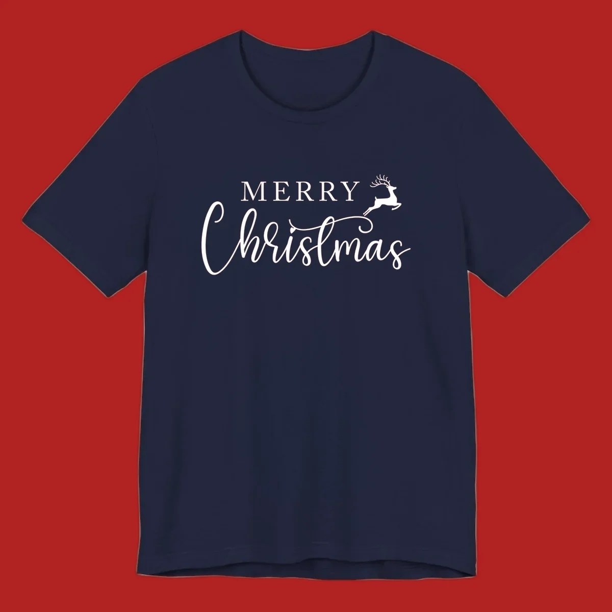 Merry Christmas text with a reindeer illustration, a festive holiday design.