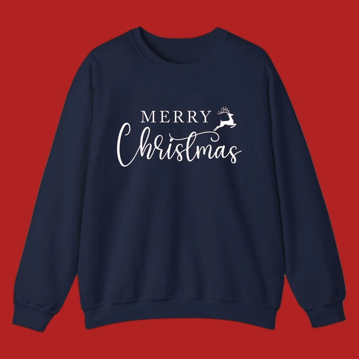 Merry Christmas text with a reindeer illustration, a festive holiday design.