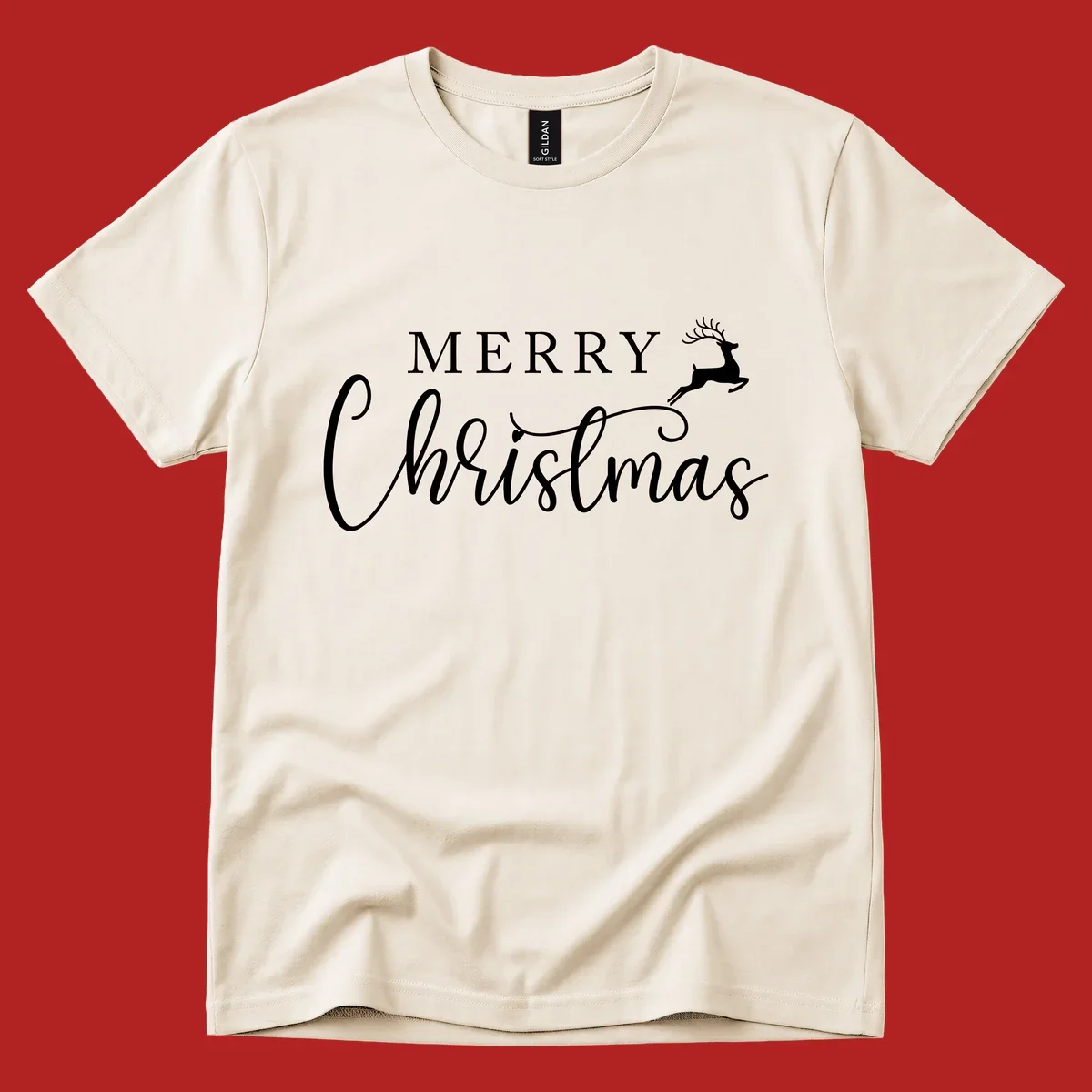 Merry Christmas text with a reindeer illustration, a festive holiday design.