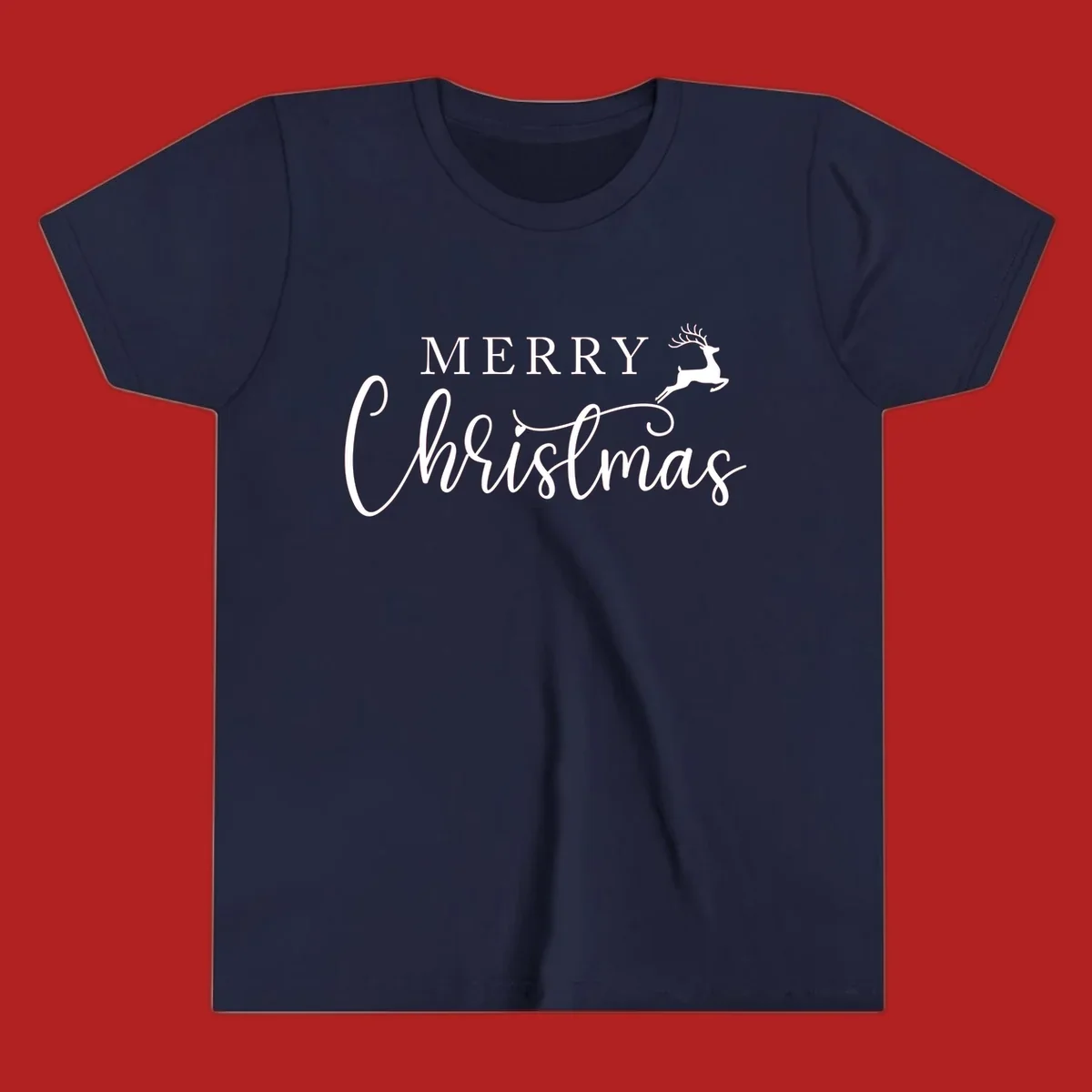 Merry Christmas text with a reindeer illustration, a festive holiday design.