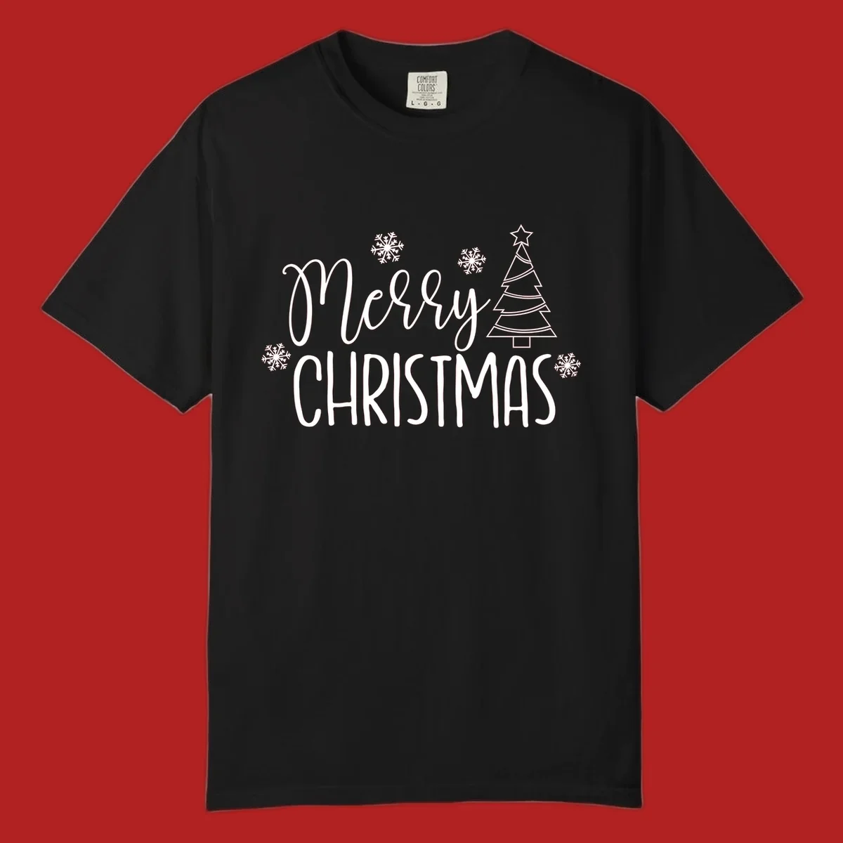 Merry Christmas script and block text with snowflakes and a Christmas tree.