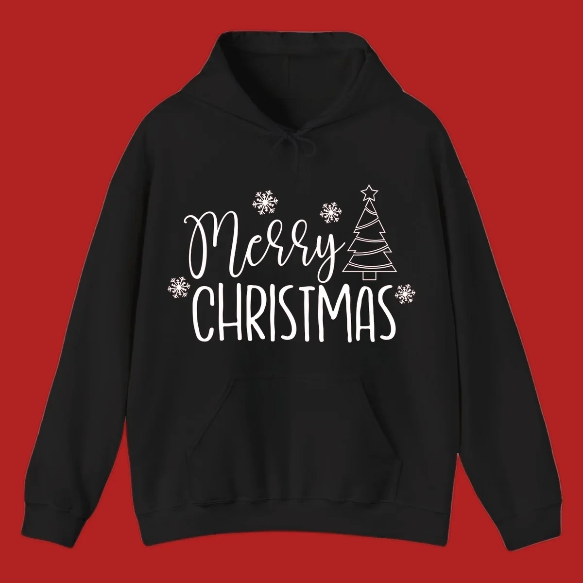 Merry Christmas script and block text with snowflakes and a Christmas tree.