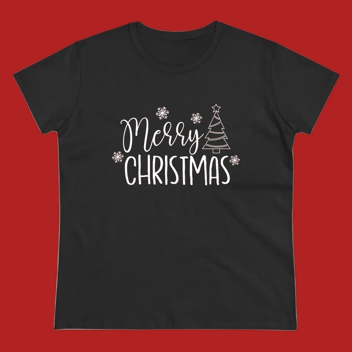 Merry Christmas script and block text with snowflakes and a Christmas tree.