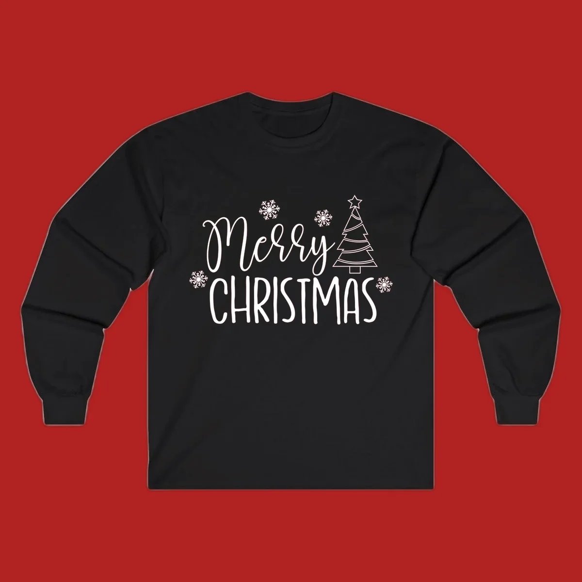 Merry Christmas script and block text with snowflakes and a Christmas tree.