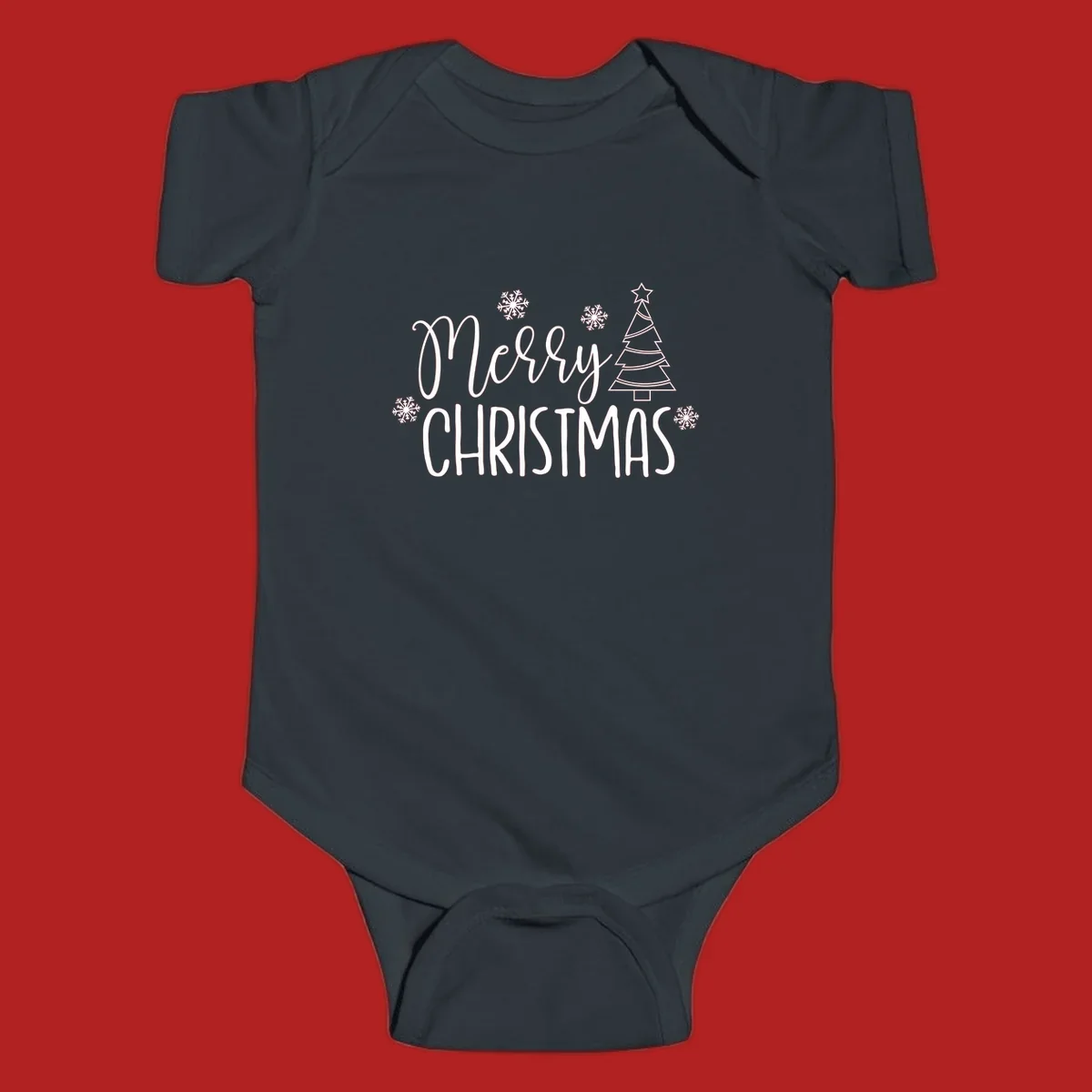 Merry Christmas script and block text with snowflakes and a Christmas tree.