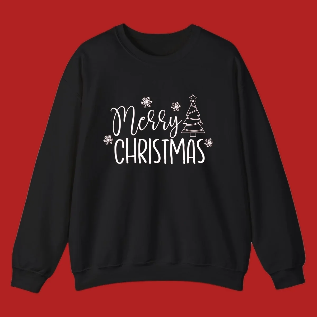 Merry Christmas script and block text with snowflakes and a Christmas tree.
