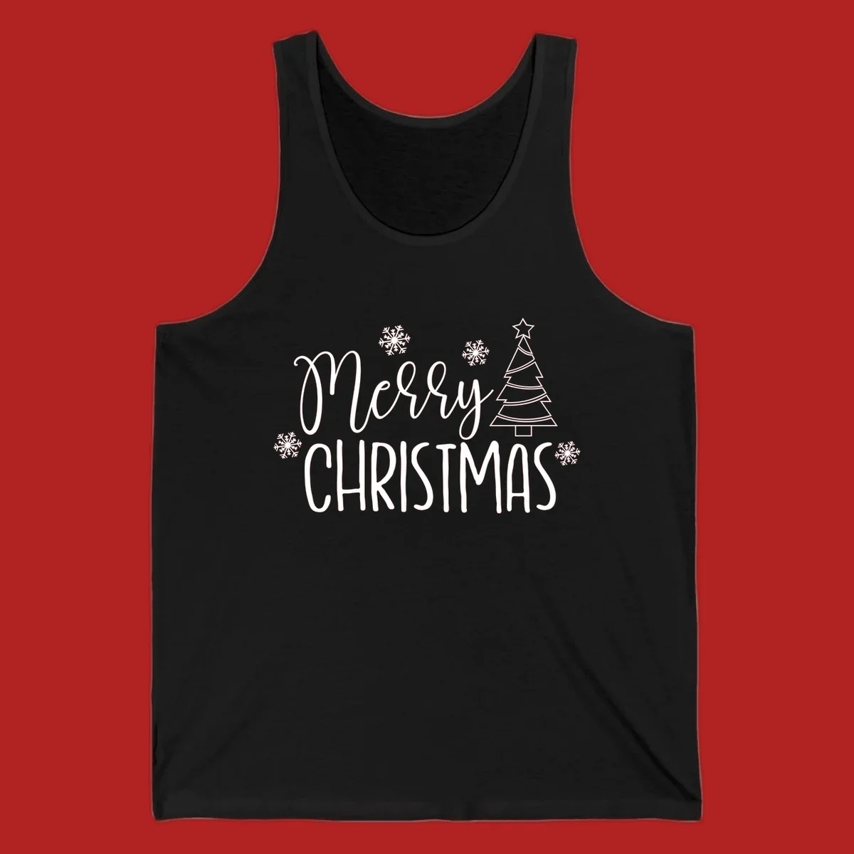 Merry Christmas script and block text with snowflakes and a Christmas tree.