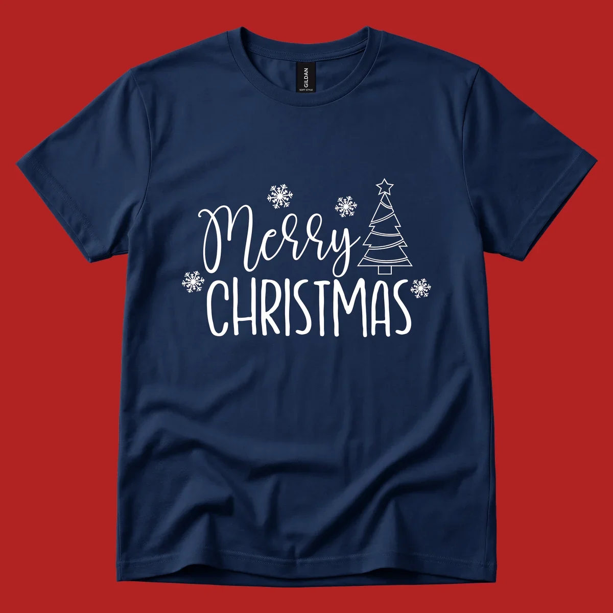 Merry Christmas script and block text with snowflakes and a Christmas tree.