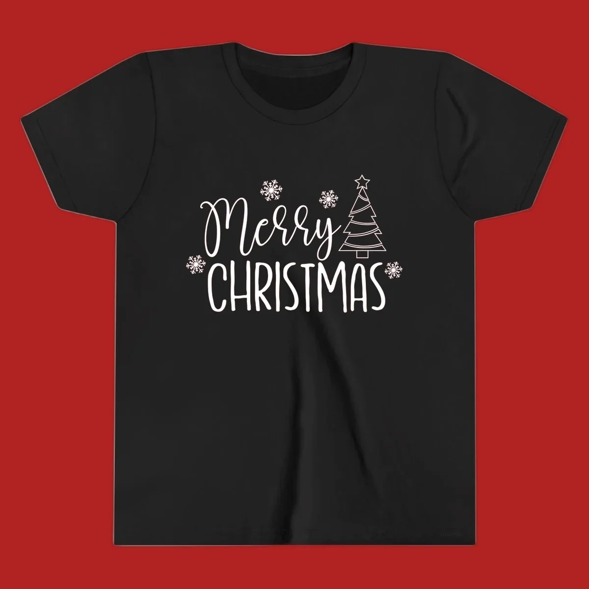 Merry Christmas script and block text with snowflakes and a Christmas tree.