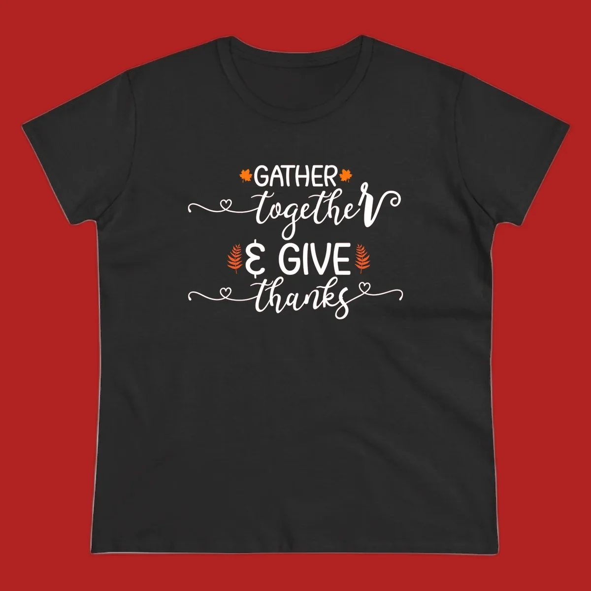 Thanksgiving gather give thanks text with autumn leaves and hearts
