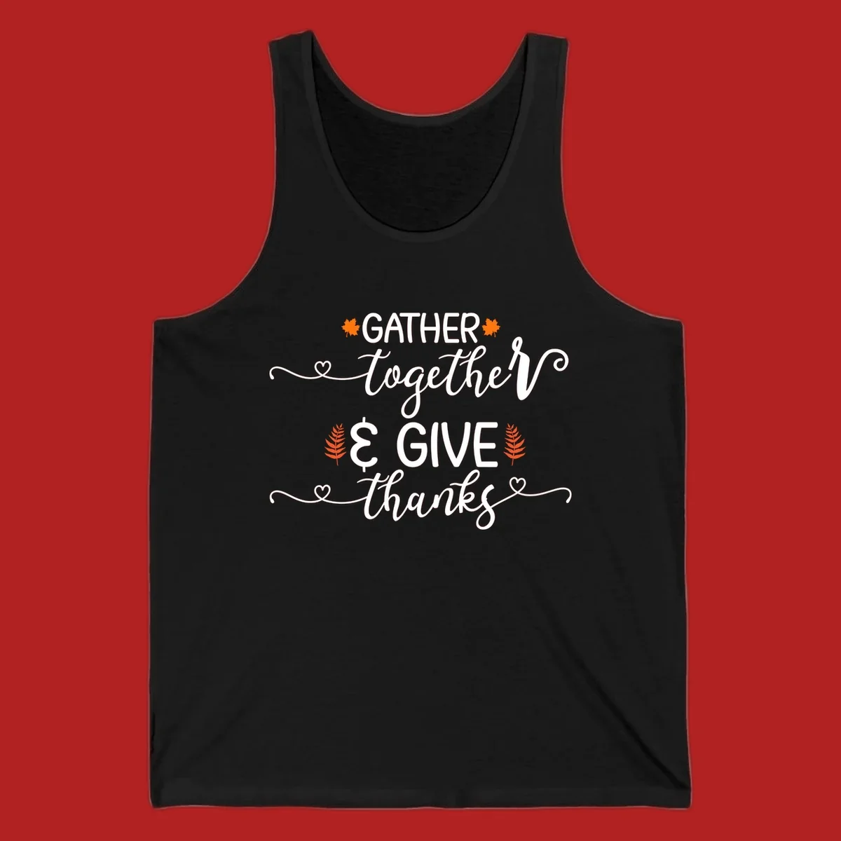 Thanksgiving gather give thanks text with autumn leaves and hearts