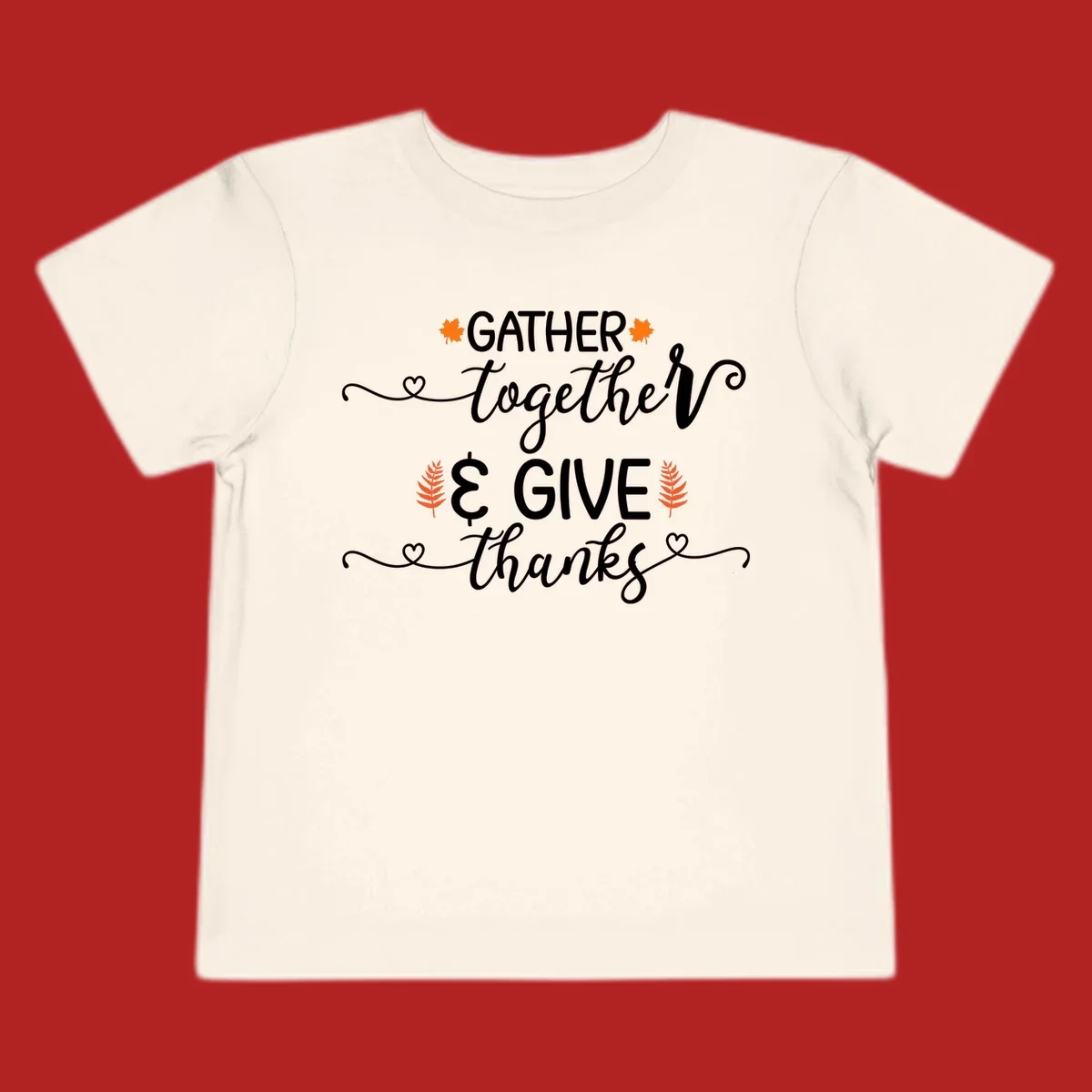 Thanksgiving gather give thanks text with autumn leaves and hearts