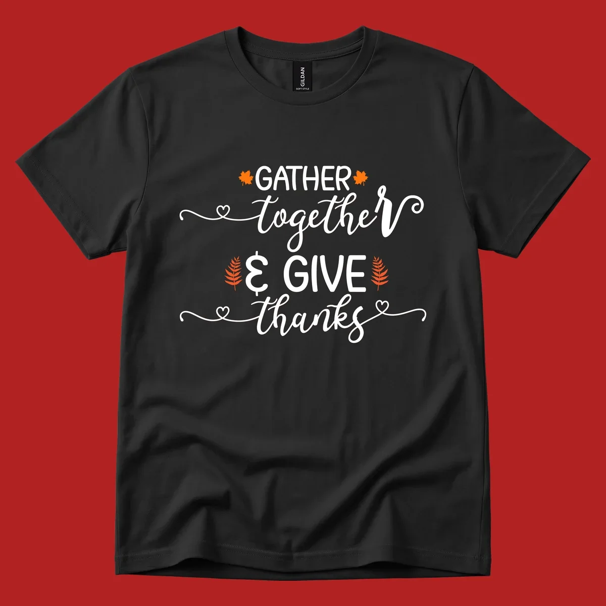 Thanksgiving gather give thanks text with autumn leaves and hearts