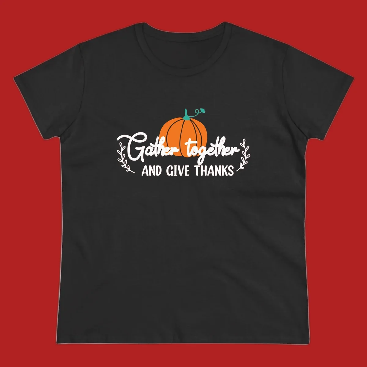 Gather together and give thanks pumpkin design with leafy branches, for Thanksgiving.