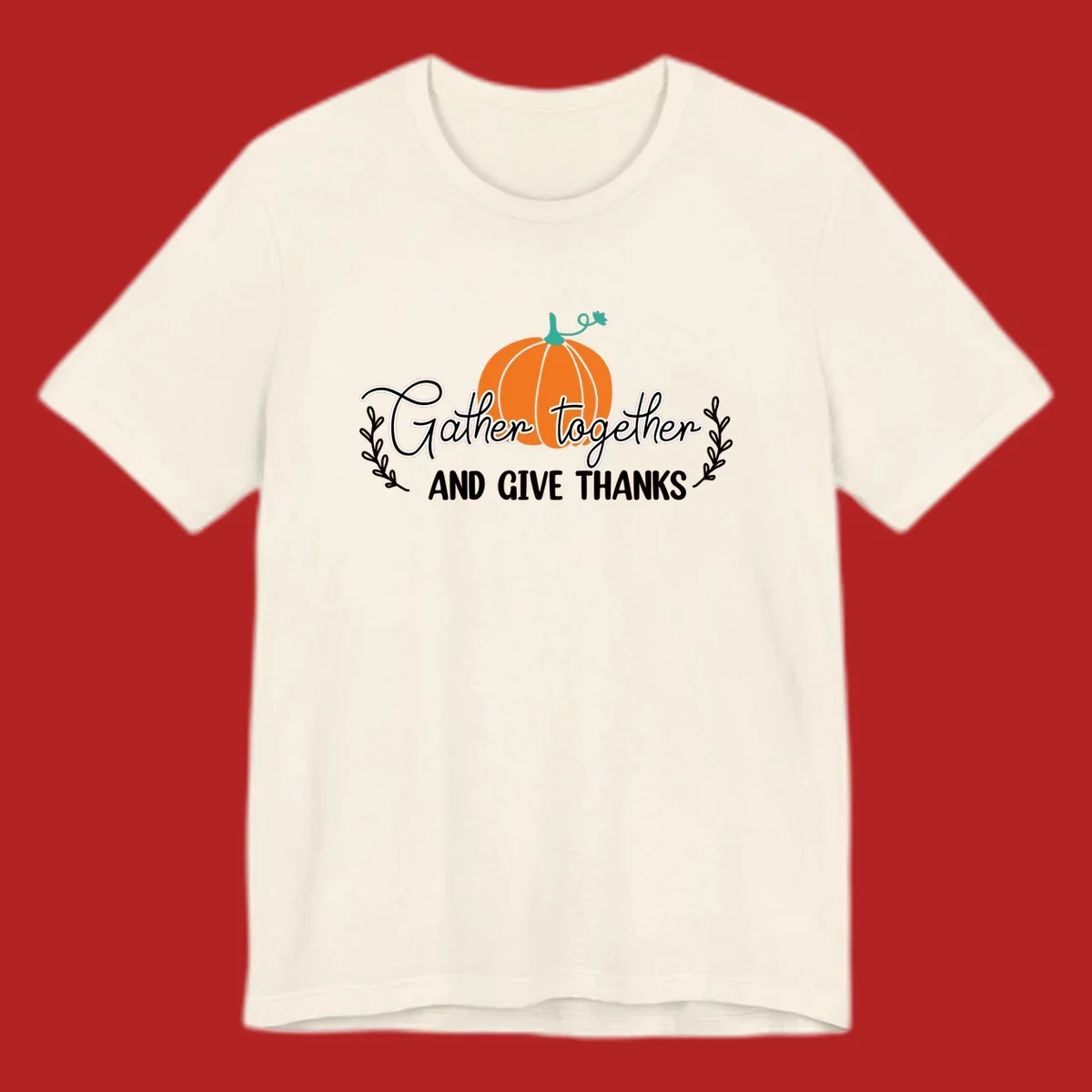 Gather together and give thanks pumpkin design with leafy branches, for Thanksgiving.