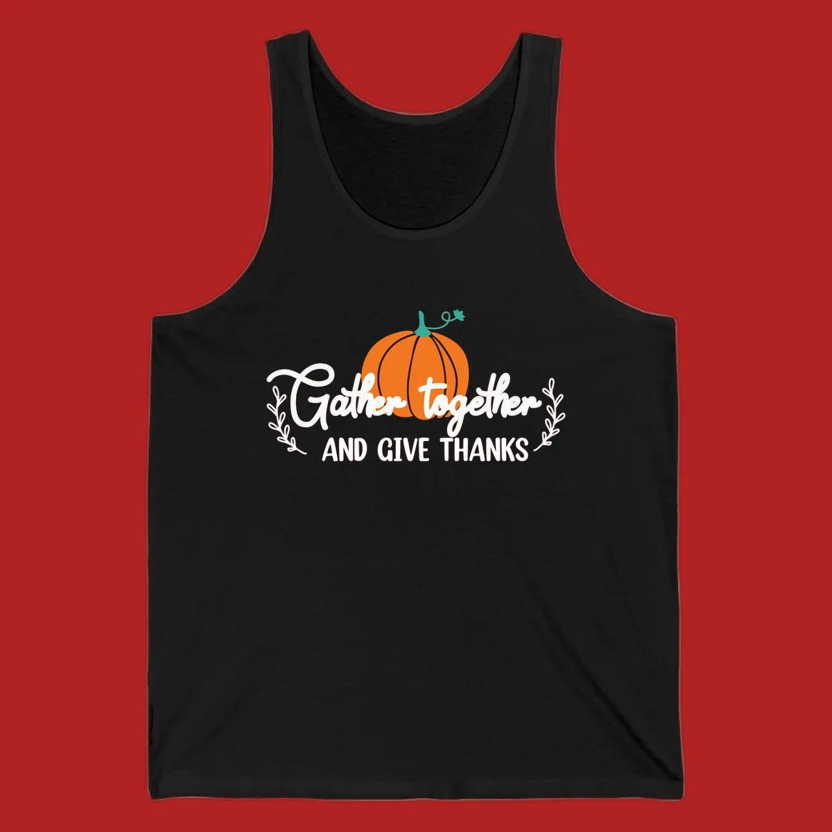 Gather together and give thanks pumpkin design with leafy branches, for Thanksgiving.