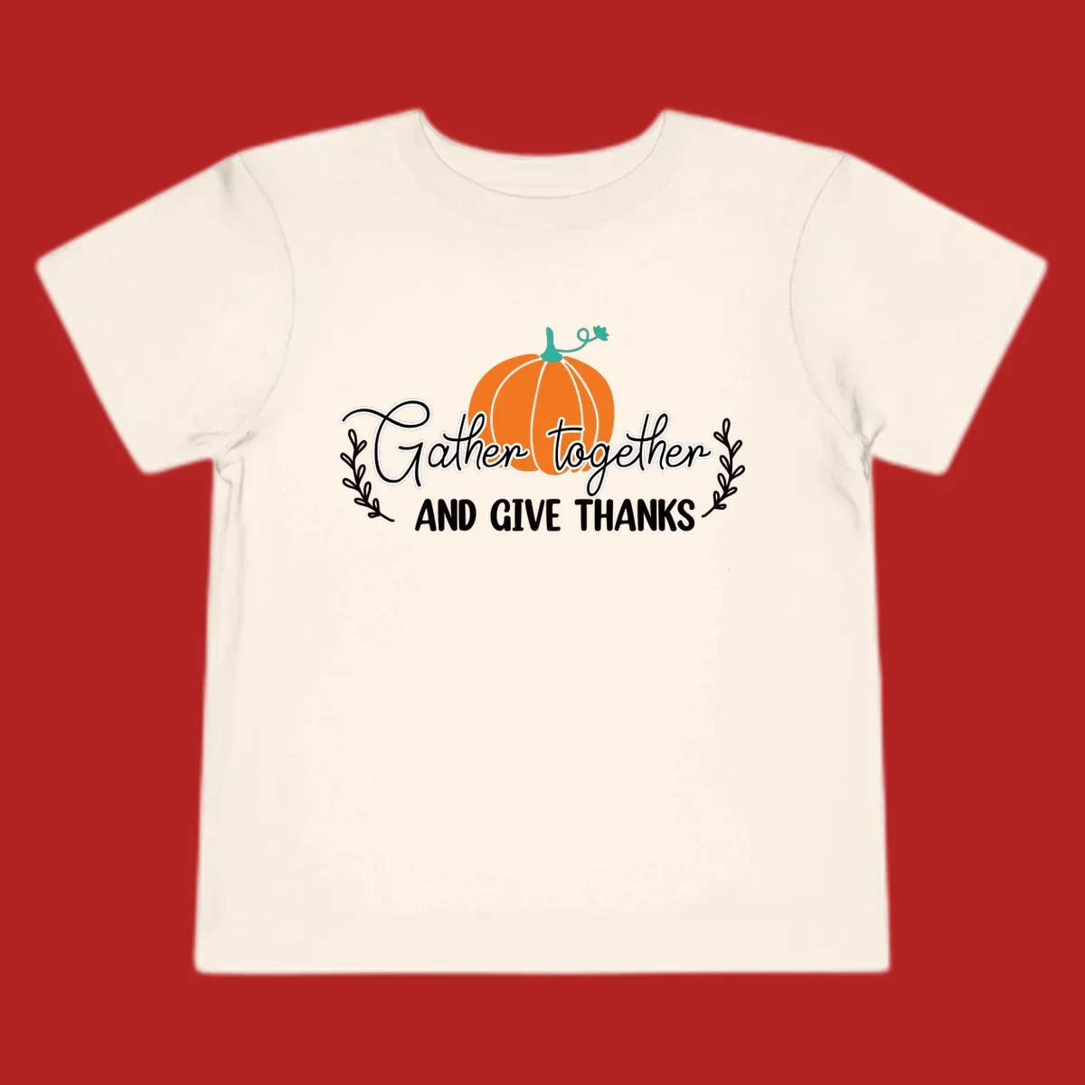 Gather together and give thanks pumpkin design with leafy branches, for Thanksgiving.