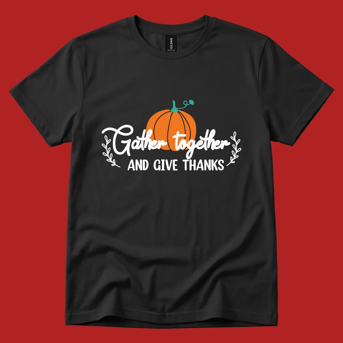Gather together and give thanks pumpkin design with leafy branches, for Thanksgiving.