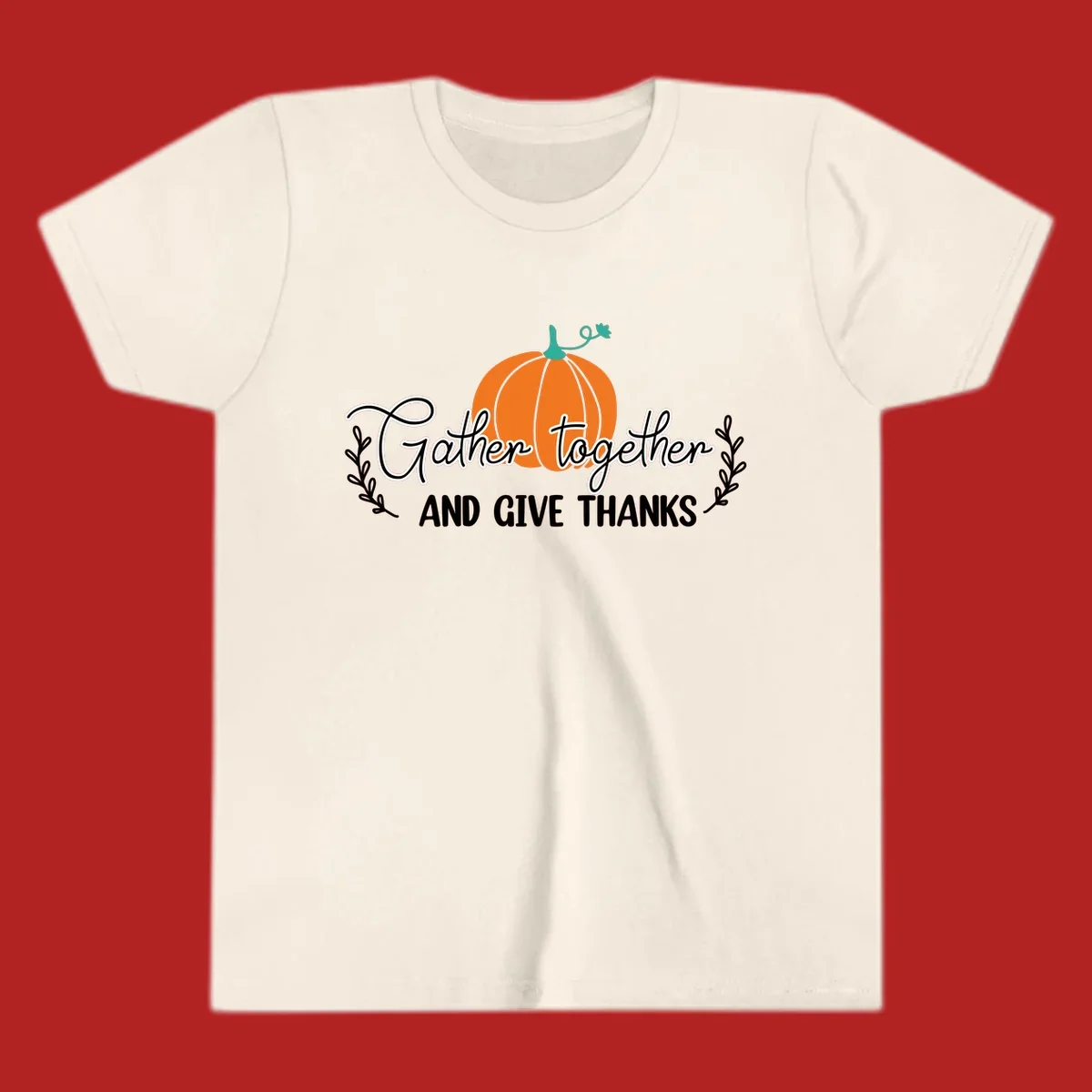 Gather together and give thanks pumpkin design with leafy branches, for Thanksgiving.