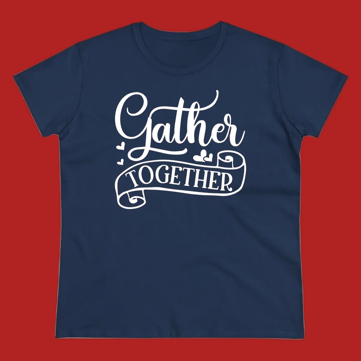Gather Together text with heart accents, white on black background.