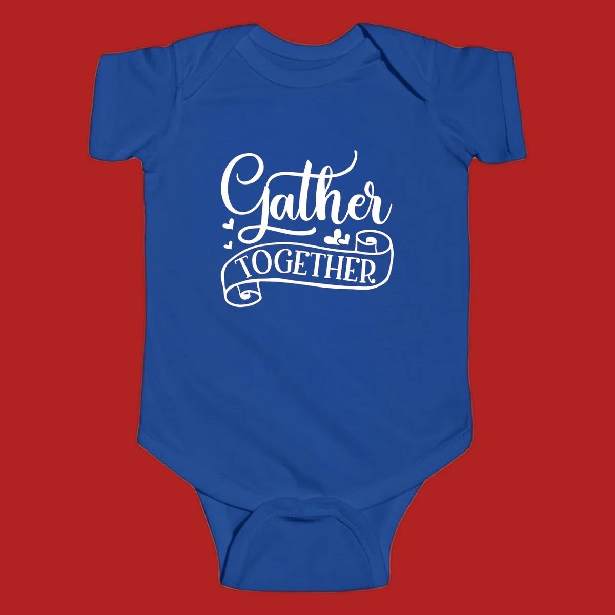 Gather Together text with heart accents, white on black background.