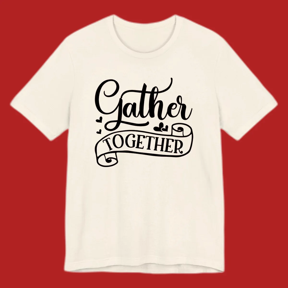 Gather Together text with heart accents, white on black background.