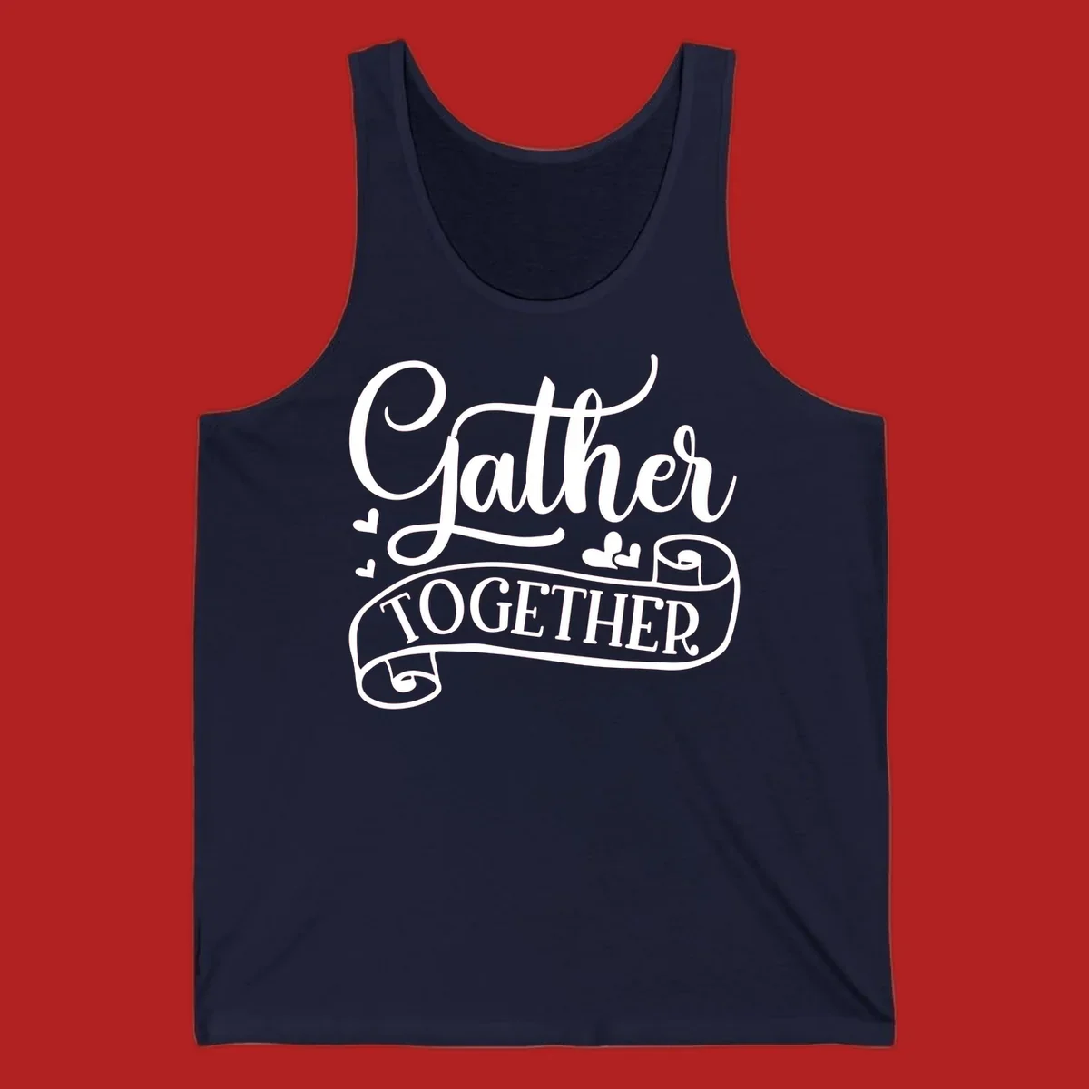 Gather Together text with heart accents, white on black background.