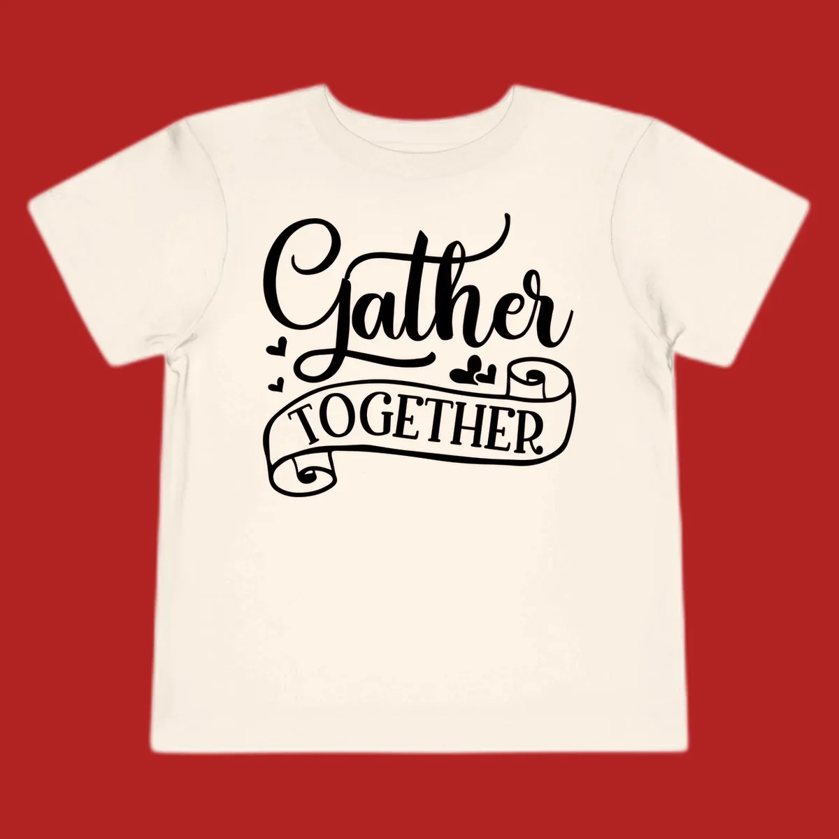 Gather Together text with heart accents, white on black background.