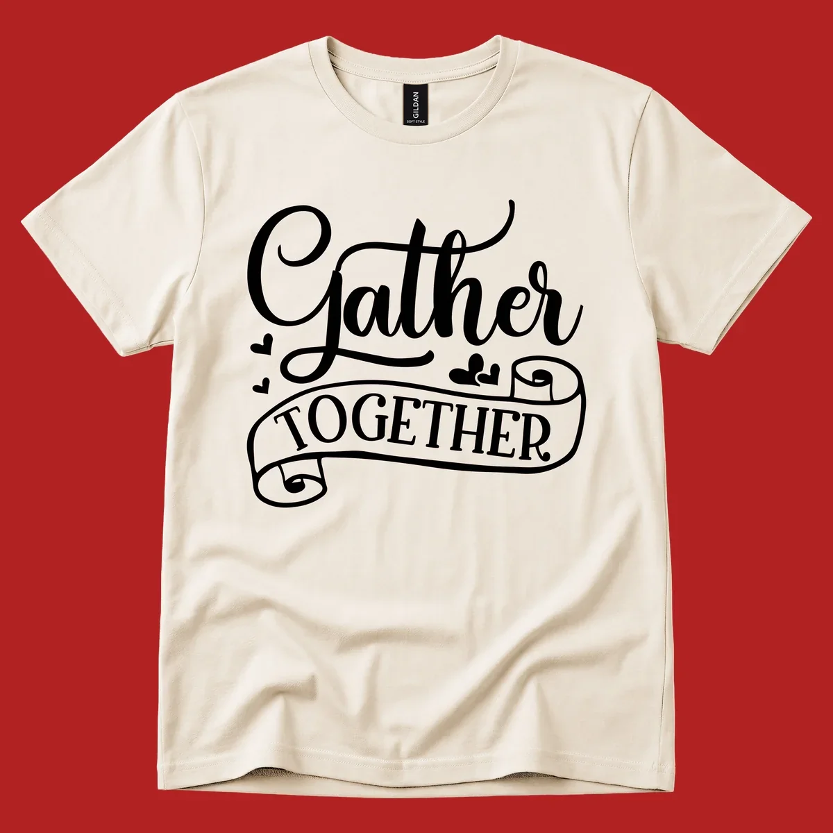 Gather Together text with heart accents, white on black background.