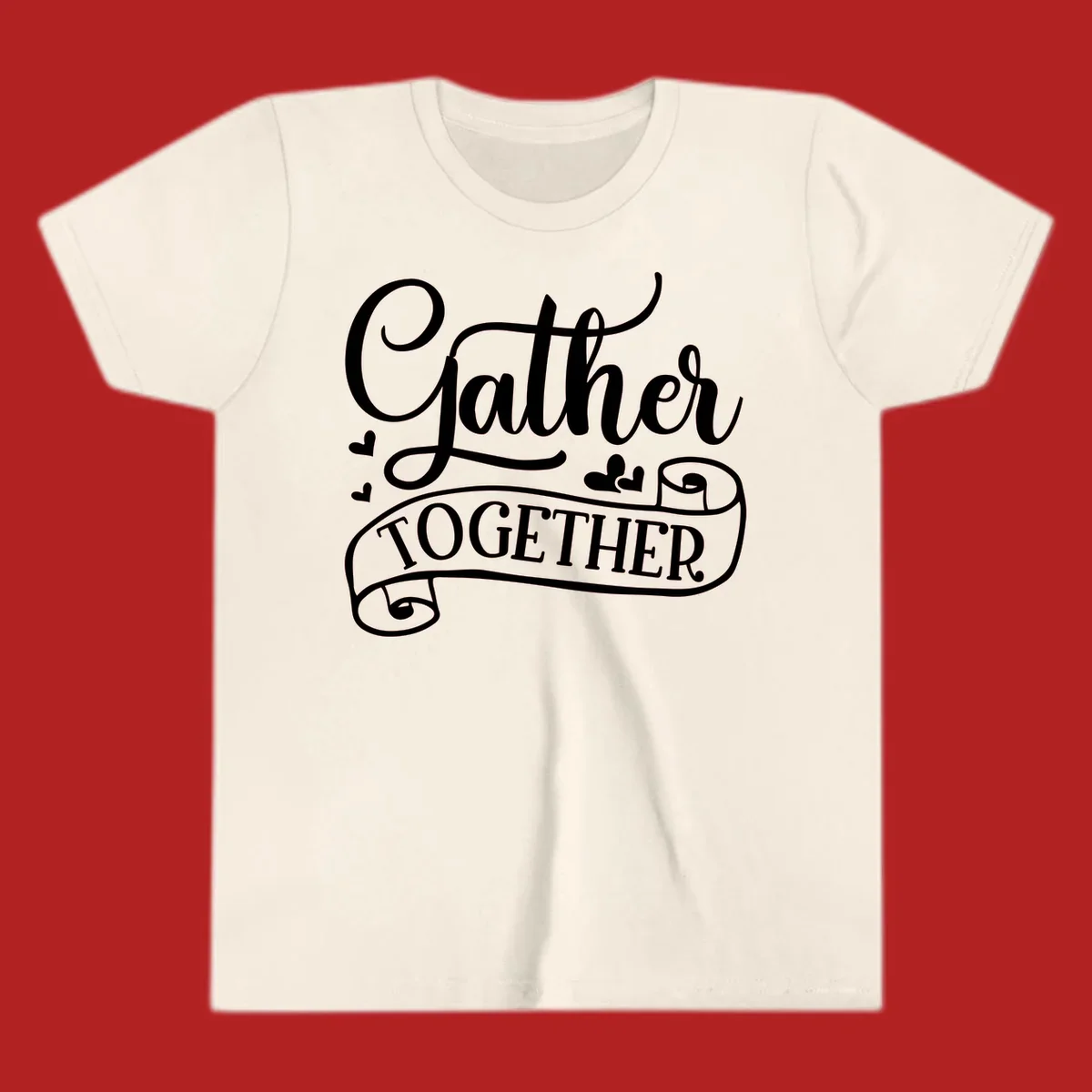 Gather Together text with heart accents, white on black background.
