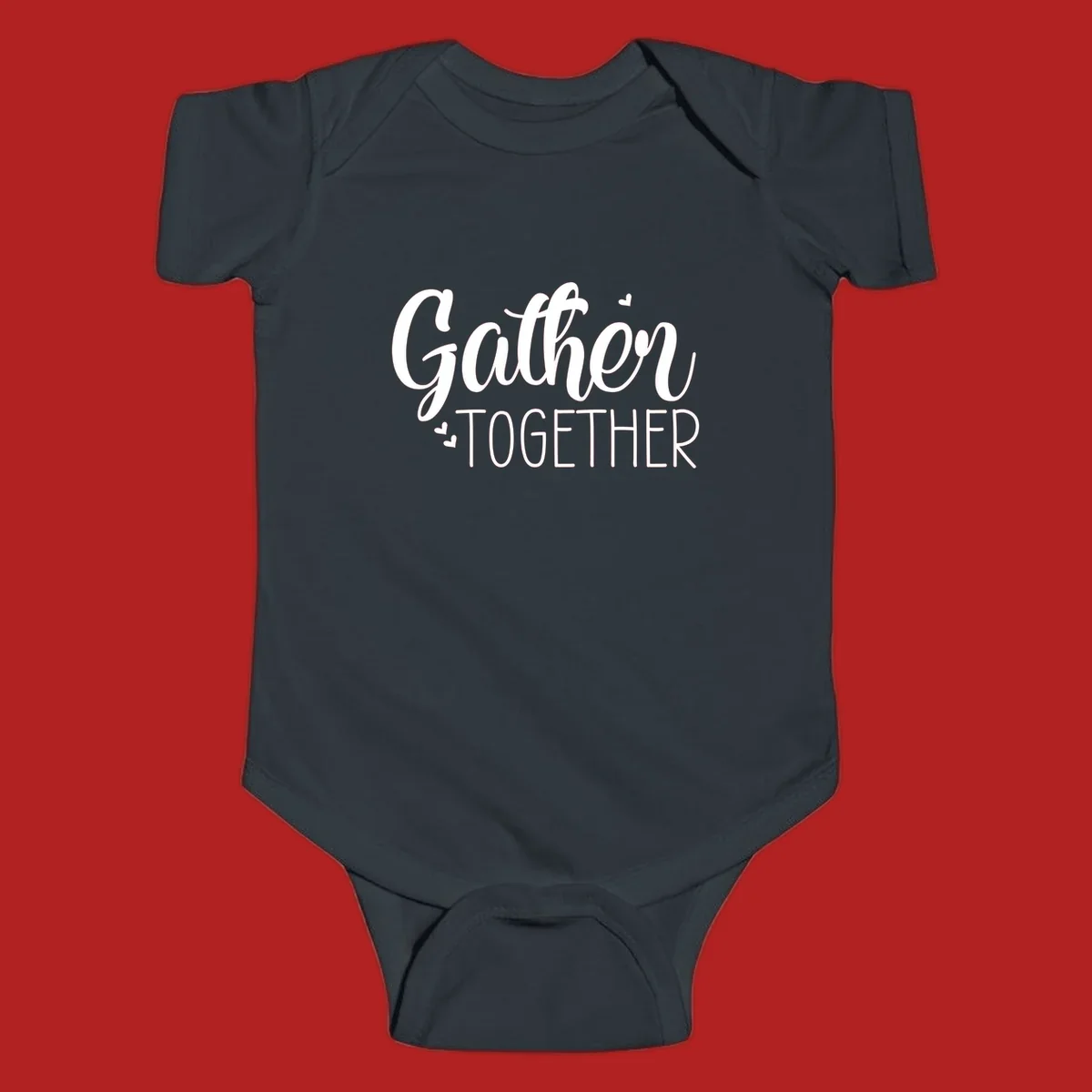 Gather Together text with hearts, white typography on black background.