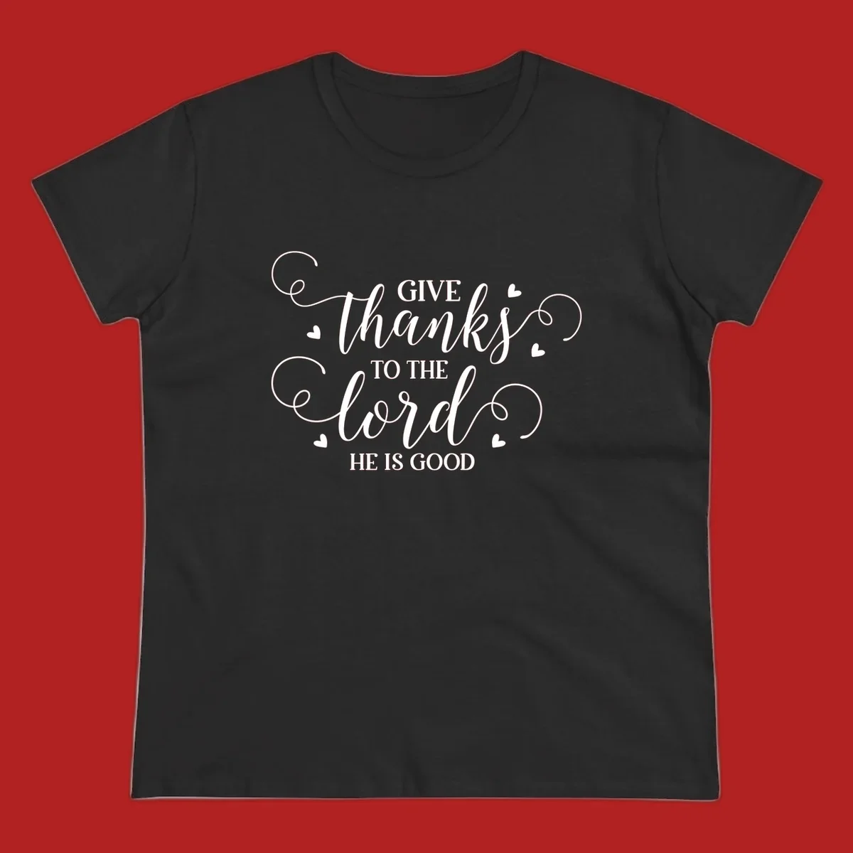 Give Thanks To The Lord Christian Typography design with white lettering and decorative hearts.
