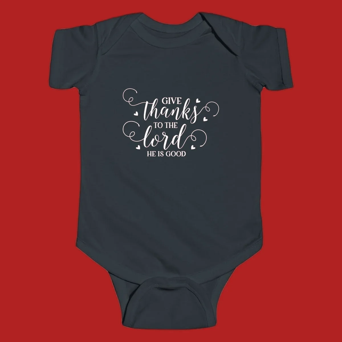 Give Thanks To The Lord Christian Typography design with white lettering and decorative hearts.