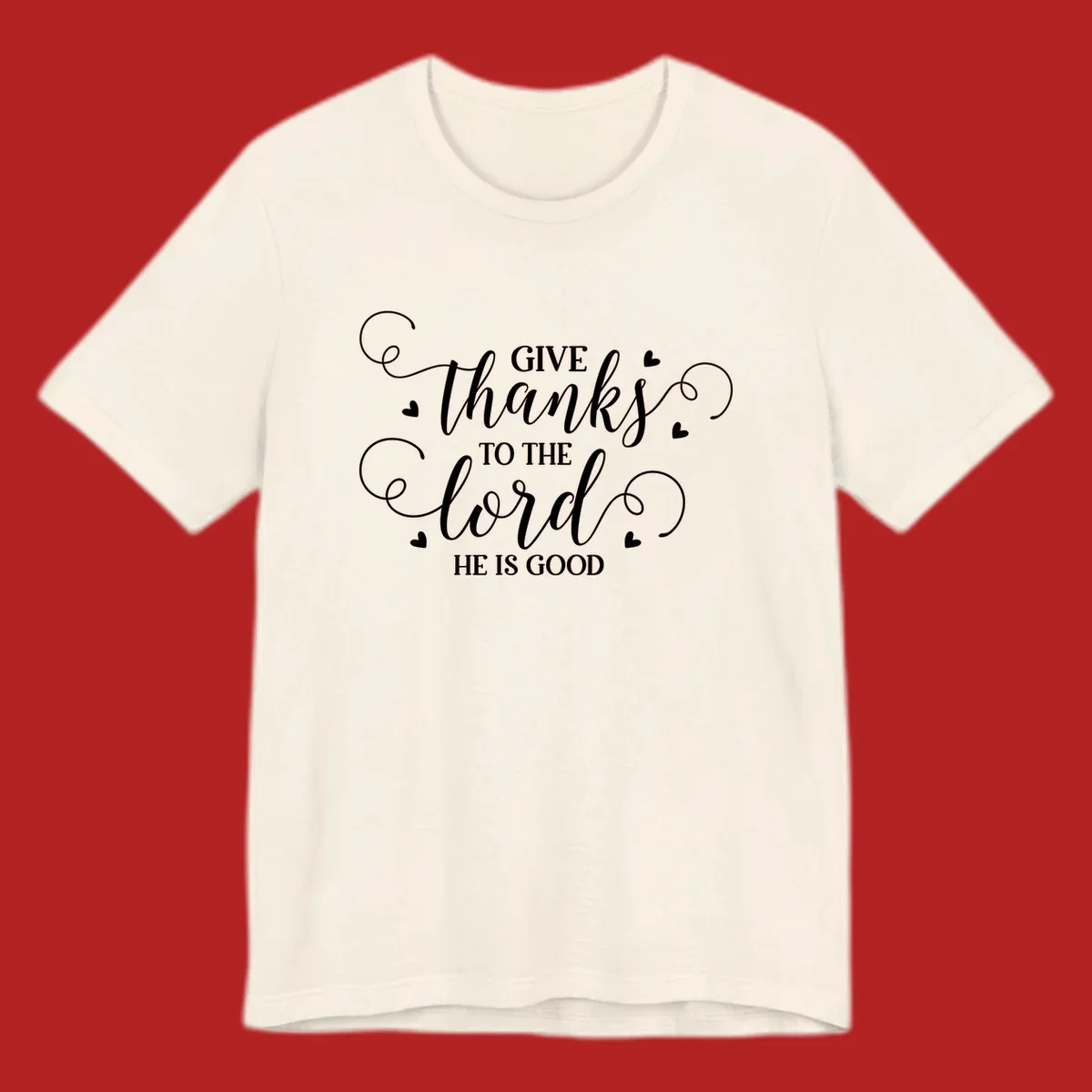 Give Thanks To The Lord Christian Typography design with white lettering and decorative hearts.