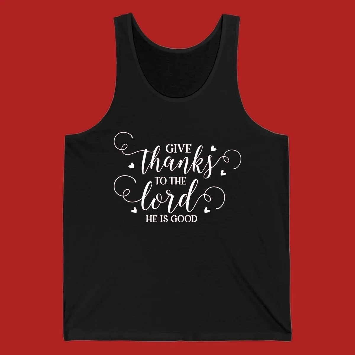 Give Thanks To The Lord Christian Typography design with white lettering and decorative hearts.