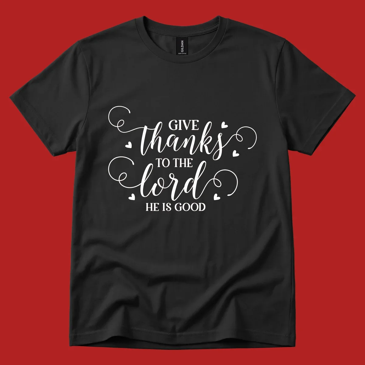 Give Thanks To The Lord Christian Typography design with white lettering and decorative hearts.