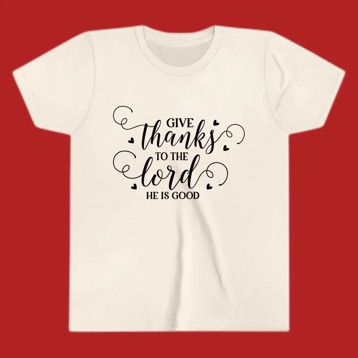 Give Thanks To The Lord Christian Typography design with white lettering and decorative hearts.