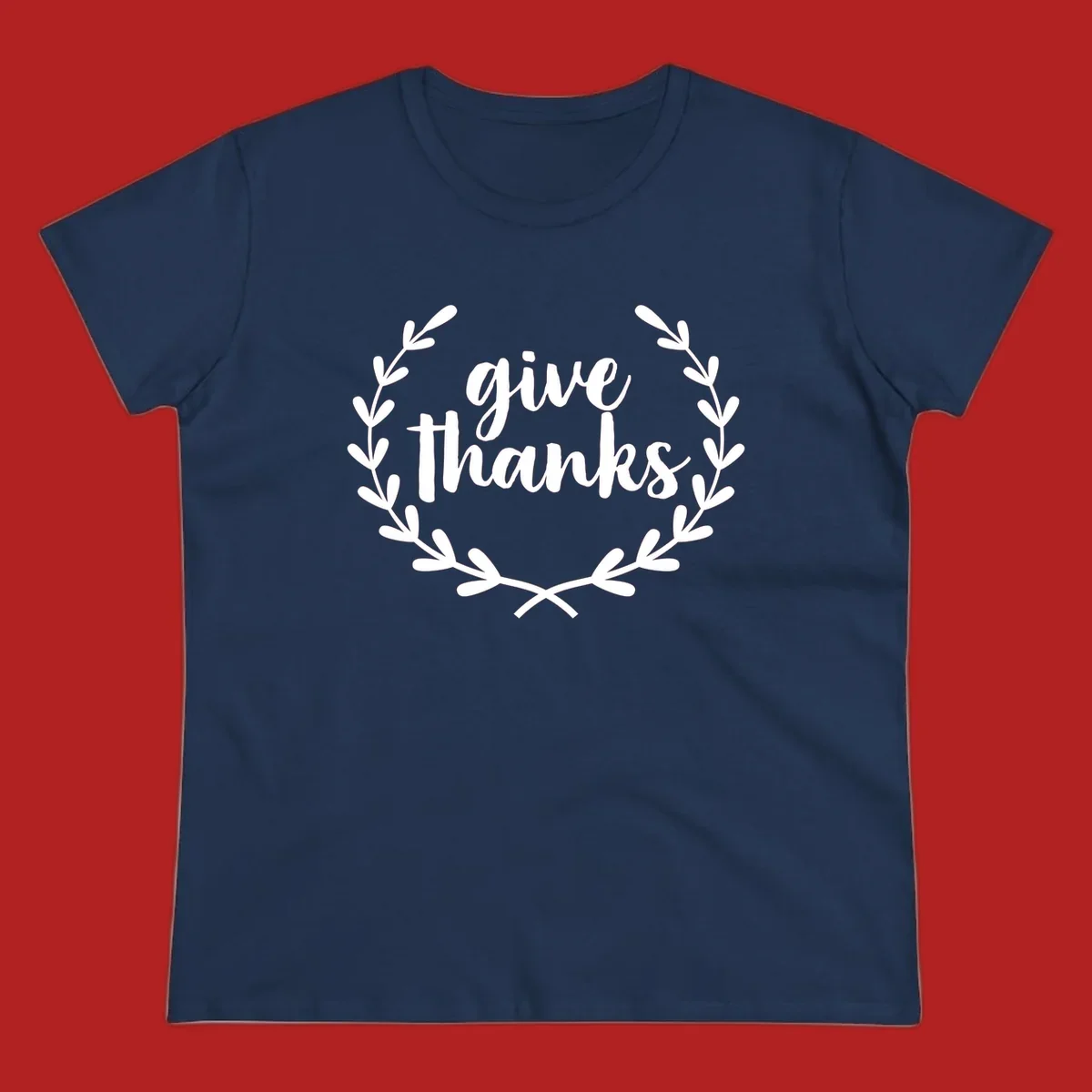 Give thanks script text inside a laurel wreath.