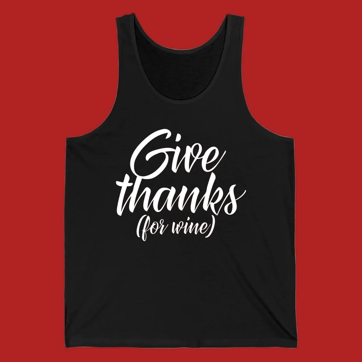Give thanks for wine typography design with white script on black.