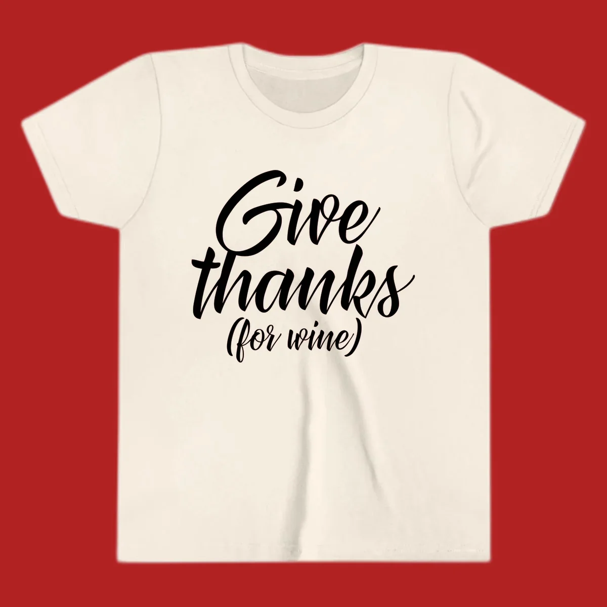 Give thanks for wine typography design with white script on black.