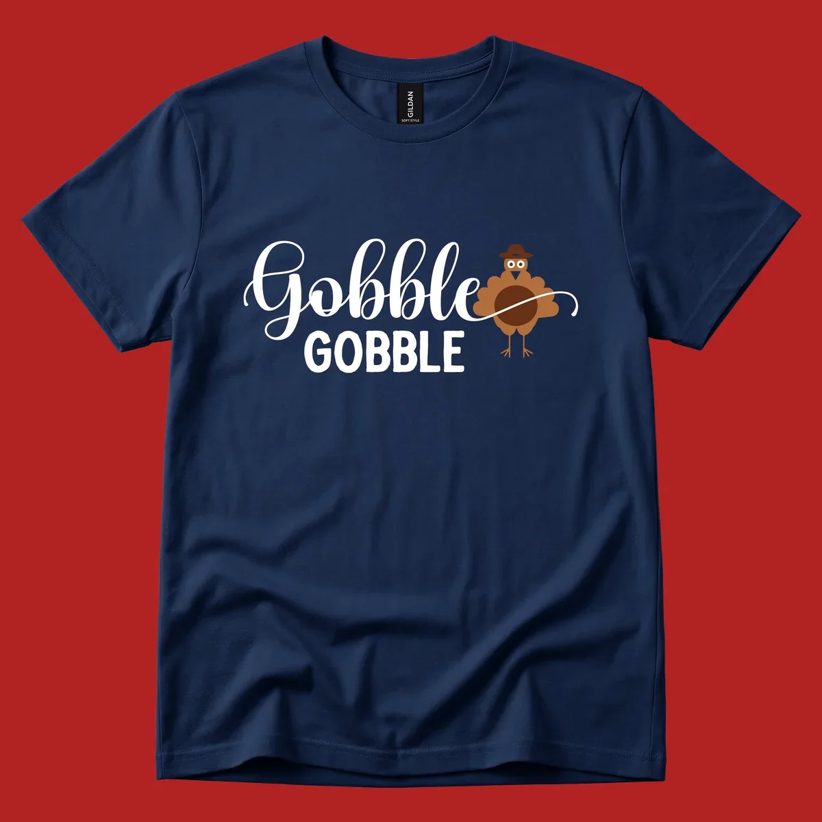 Gobble Gobble Thanksgiving turkey graphic tee design with text and illustration.