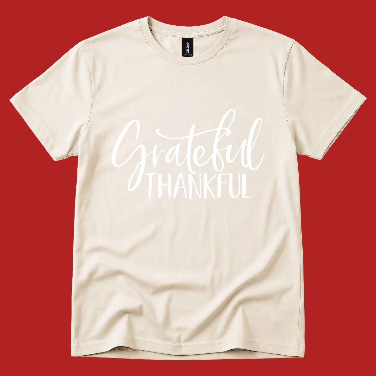 Grateful Thankful typography design with white script and block text.
