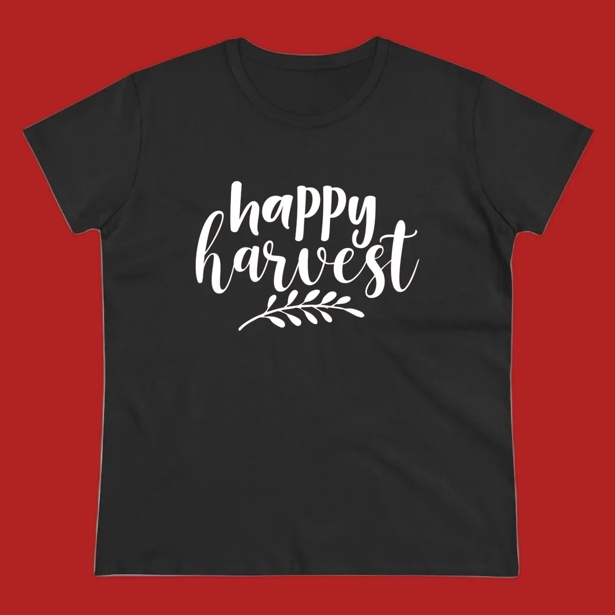 Happy Harvest text with fall leaves graphic, white on black background