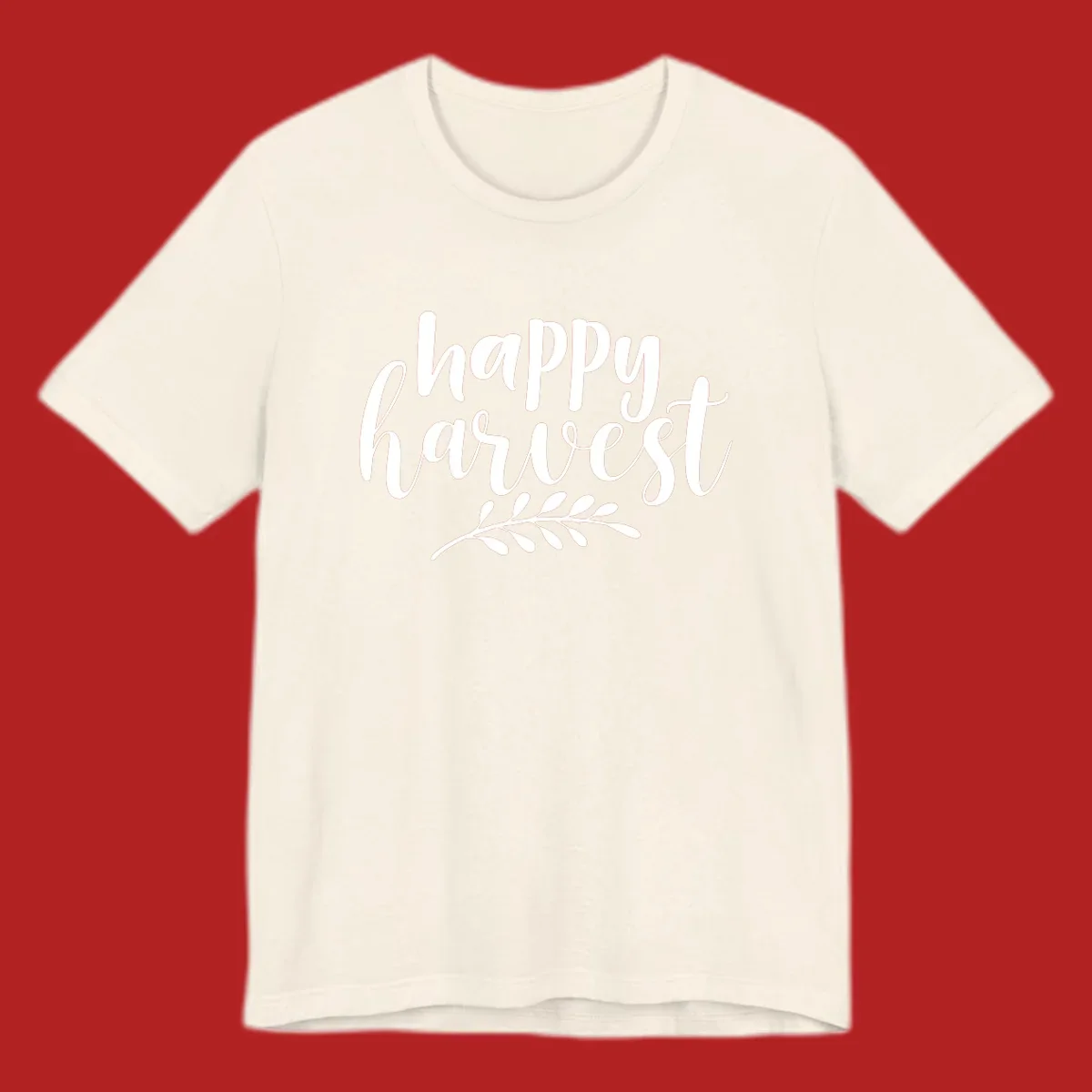 Happy Harvest text with fall leaves graphic, white on black background