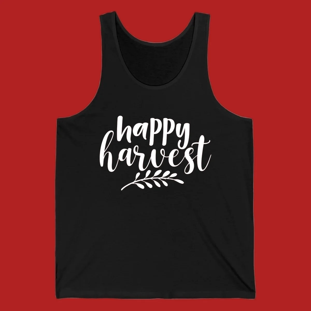 Happy Harvest text with fall leaves graphic, white on black background