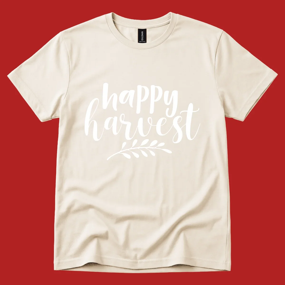 Happy Harvest text with fall leaves graphic, white on black background
